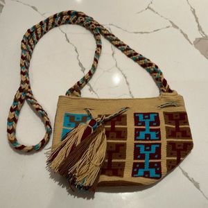 Wayuu Beige and turquoise Hobo Bag 100% cotton Made in Colombia "Hand Made"